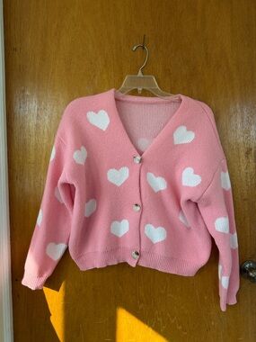 SHEIN Pink Heart-Print V-Neck Button Cardigan